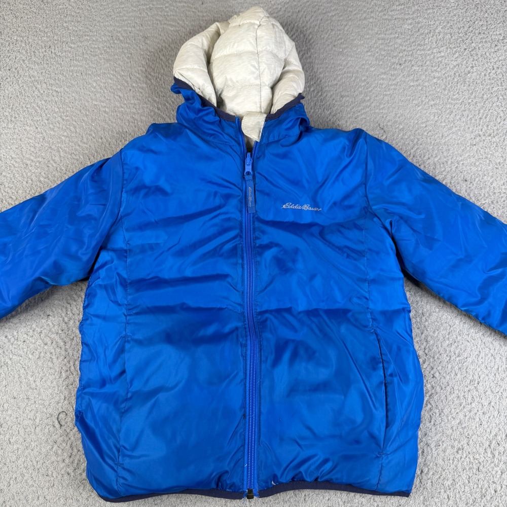 Eddie Bauer Jacket Kids S 7-8 Blue Reversible Puffer Down Hooded Coat Insulated